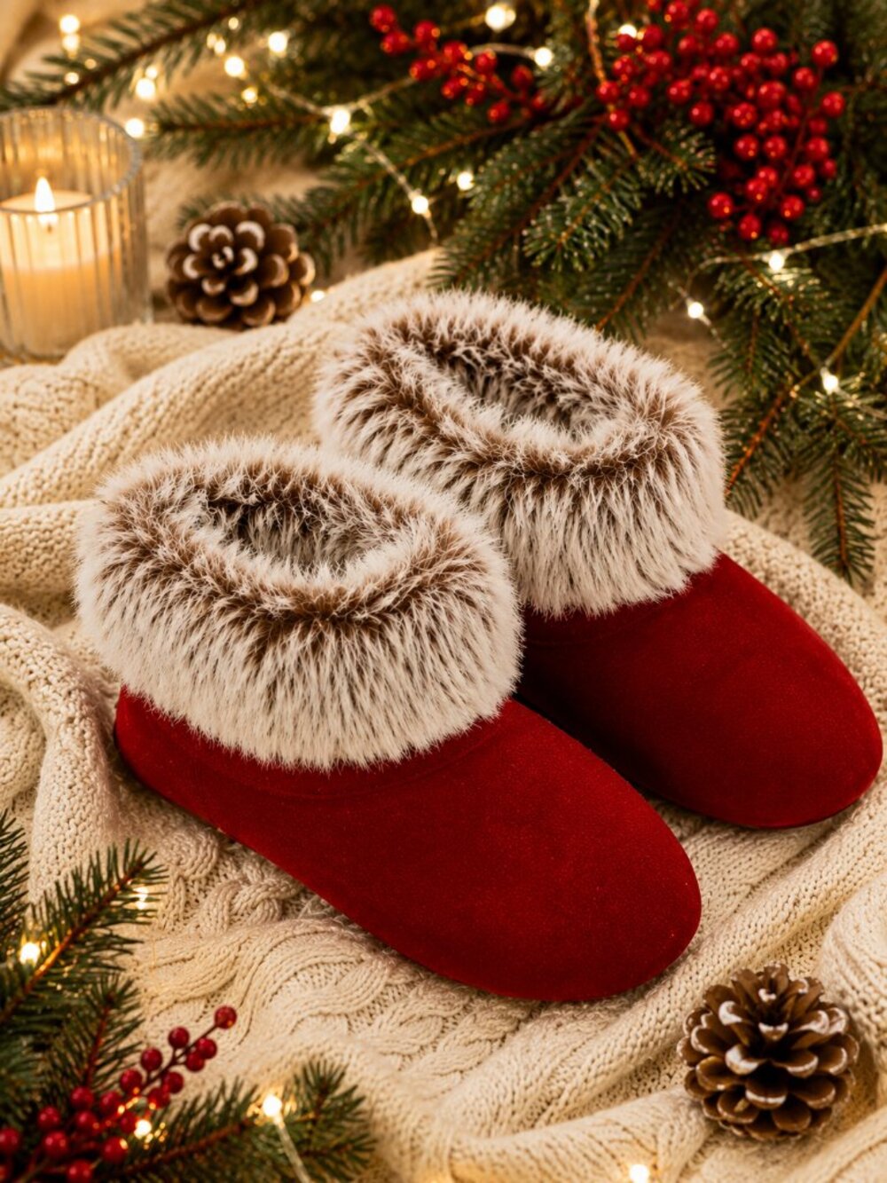 Dearfoams Fur Trim Slipper Booties Holiday Red Faux Fur NWT Size M 7-8